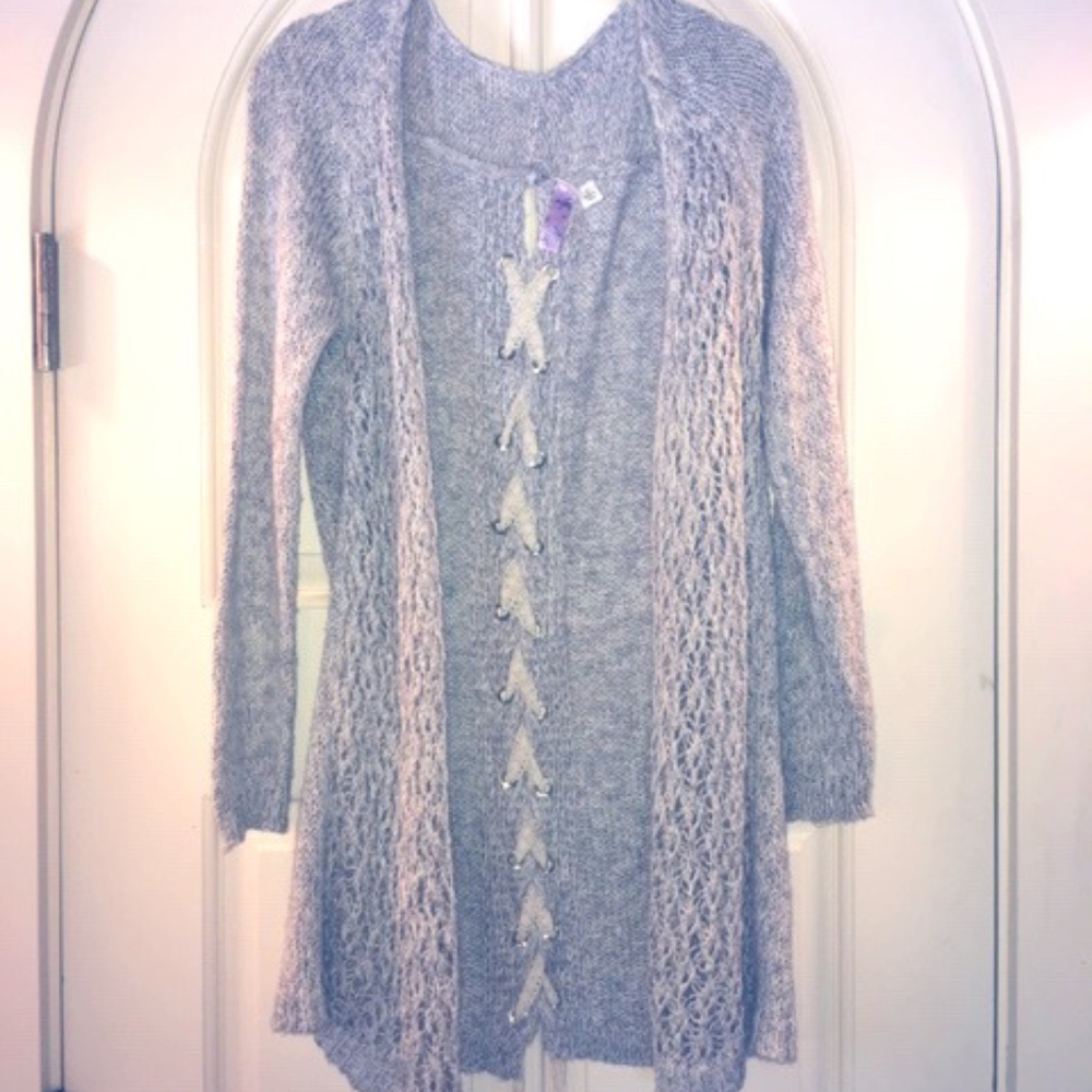 Grey Knit Cardigan with Lace-Up Back